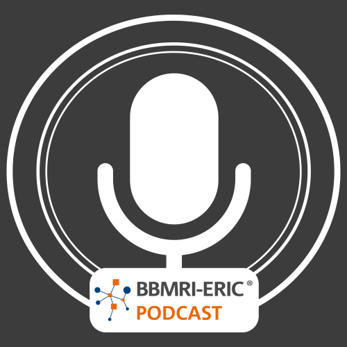The picture of a microphone in front of a neutral grey background with the BBMRI-ERIC logo.