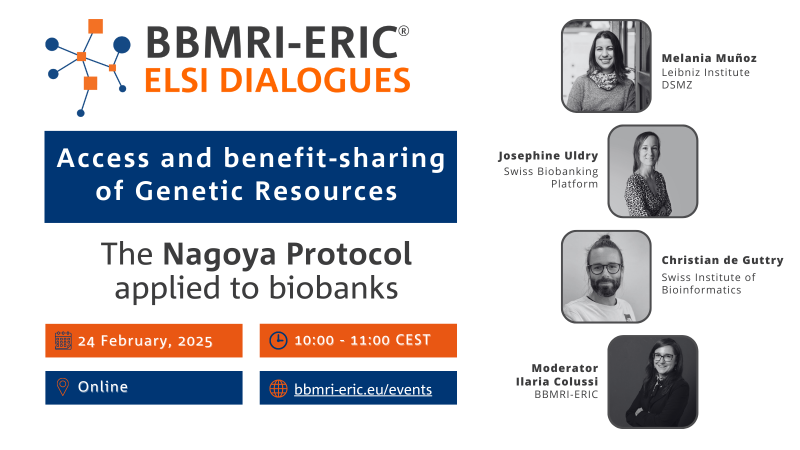 A promotion leaflet for a webinar titled: "Access and benefit-sharing of Genetic Resources: the Nagoya Protocol applied to biobanks". The leaflet is coloured in white, dark blue and orange. On the right side four pictures show the spakers.