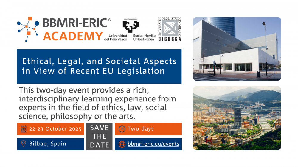 A leaflet promoting the BBMRI-ERIC Academy event in Bilbao October 2025: "Ethical, legal, and Societal Aspects in View of recent EU legislation."