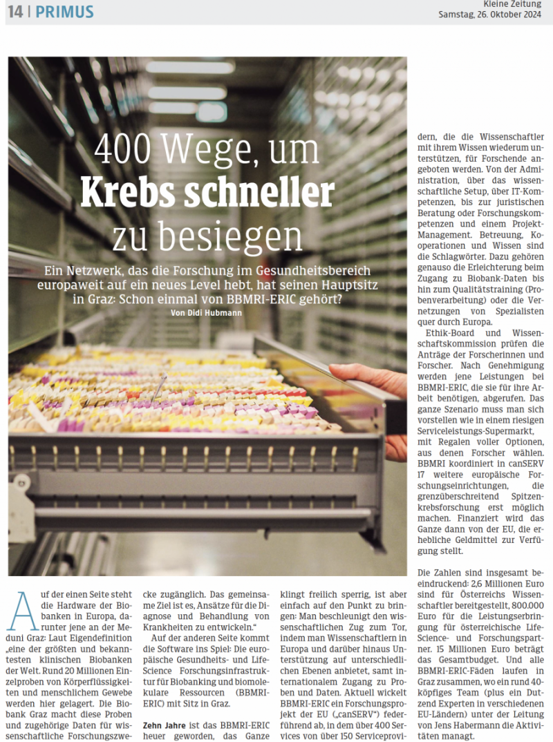 page one of a magazine article with a photo showing Graz biobank