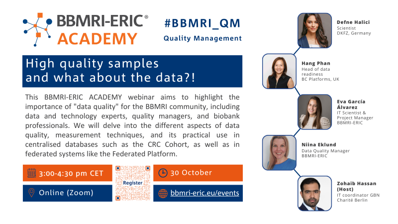 A graphic with white background and orange and blue elements promoting a BBMRI-ERIC Academy webinar titled "High quality samples and what about the data?!".