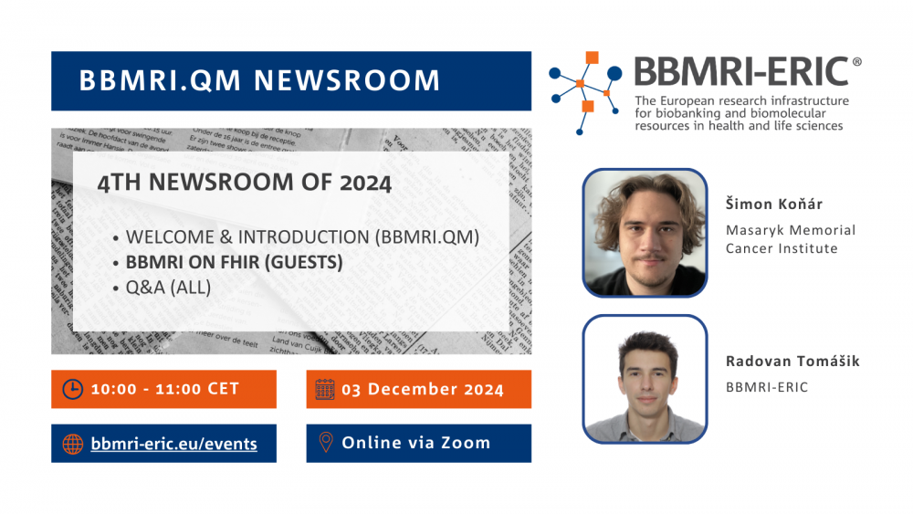 A leaflet colored in White, orange. and navy blue advertising the BBMRI.QM Newsroom event on December 3, 2024.