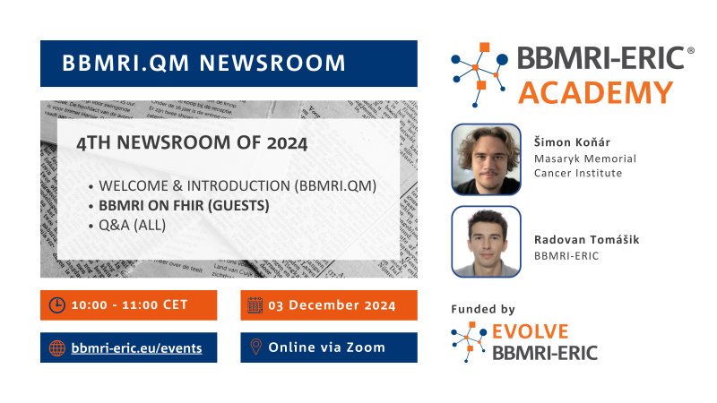 A leaflet promoting a BBMRI-ERIC QM Newsroom happening on 3 December 2024.